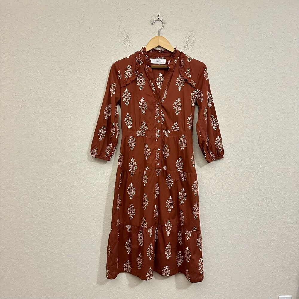 WVN Shirt Dress Brown Floral Midi Tiered Long Sleeve Ruffled Boho NWOT